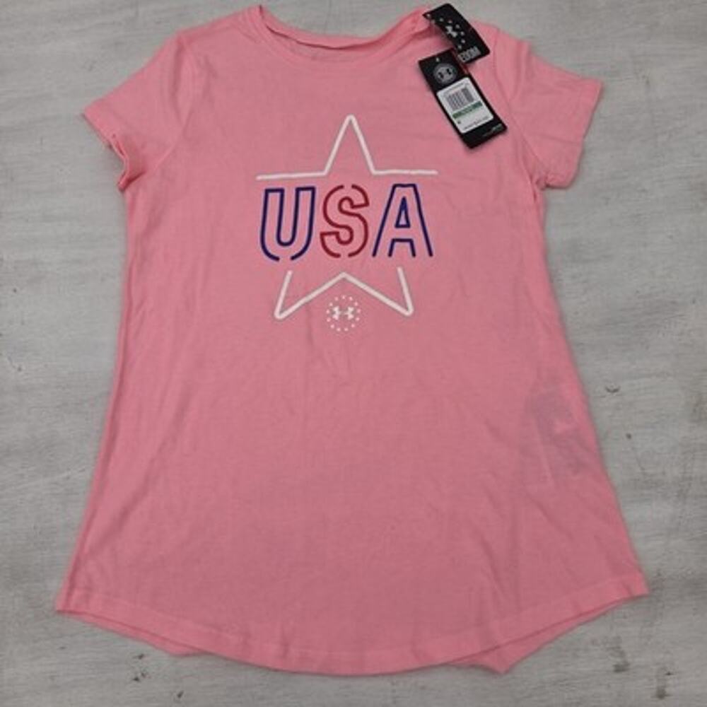 Under Armour Girls Short Sleeve T Shirt Size Youth Large Pink USA Patriotic